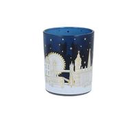 Gisela Graham London Scene Christmas Tea Light Holder - Blue Glass Candle Holder with Festive London Skyline Design