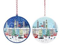 Gisela Graham London Scene Wooden Disc Christmas Tree Decorations, Set of 2
