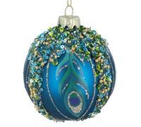 Gisela Graham Matt Peacock Blue with Sequins & Peacock Feather, 8cm Glass, Ball