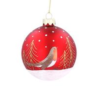 Gisela Graham Matt Red Glass Bauble, Robin and Trees Design, 8cm