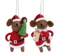 Gisela Graham Mixed Wool Mr & Mrs Brown Santa Mouse Tree Hanging Decorations (Set of 2)