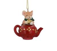 Gisela Graham Mouse in Teapot Christmas Tree Decoration, Red and Gold, 6cm, Resin
