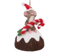 Gisela Graham Mouse on Christmas Pudding Hanging Christmas Decoration, Wool