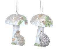 Gisela Graham Natural Resin Mouse & Hedgehog with Toadstool Tree Hanging Decorations (Set of 2)