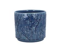 Gisela Graham Navy Blue Stoneware Plant Pot Cover, Blooms Pattern, 14cm x 12.5cm