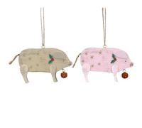 Gisela Graham New England Wooden Pig Christmas Decorations - set of two