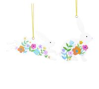 Gisela Graham Pastel Flowers White Wooden Hare Easter Decorations - set of two