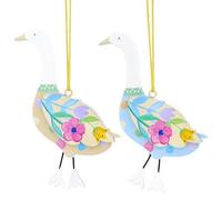 Gisela Graham Pastel Flowers Wood Goose Easter Decorations - set of two