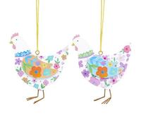 Gisela Graham Pastel Flowers Wood Hen Easter Decorations - set of two