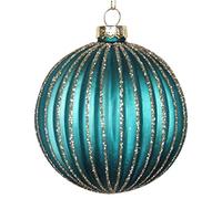 Gisela Graham Peacock Blue Turquoise Ribbed Gold Glitter Glass Bauble Hanging Christmas Tree Decoration