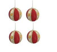 Gisela Graham Red Beaded/Gold Glitter Baubles with Jewel set of four