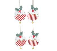 Gisela Graham Red & White Wood Christmas Pudding Decorations, Set of 4, Striped, Gingham