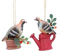 Gisela Graham Resin Partridges on Watering Can & Pot Tree Hanging Decorations (Set of 2)