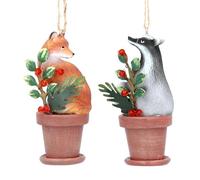 Gisela Graham Resin Resin Fox and Badger Decorations on Flower Pot Set of 2 Assorted