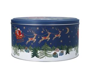 Gisela Graham Round Metal Christmas Cake Storage Tin, Blue Santa in Sleigh Design, 23cm