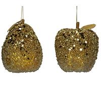 Gisela Graham Set of 2 Christmas Fruits 9cm - Gold Beaded Apple/Pear