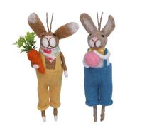 Gisela Graham Set of 2 Felt Rabbits in Dungarees Easter Decorations, Hanging Bunny Ornaments with Carrot and Egg, Spring Home Décor