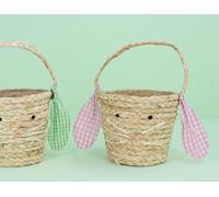 Gisela Graham Set of 2 small Straw Easter Baskets - Bunny with Gingham Ears design - Ideal for Easter egg hunts