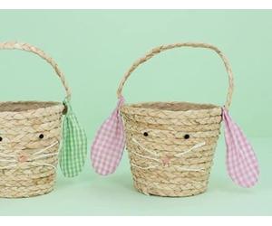 Gisela Graham Set of 2 small Straw Easter Baskets - Bunny with Gingham Ears design - Ideal for Easter egg hunts