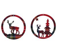 Gisela Graham Set of 2 Wood Christmas Decorations 10cm - Tartan Stag in Disk