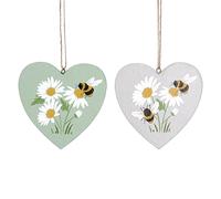 Gisela Graham Set of 2 Wood double sided hanging Decorations 8cm - Daisy/Bee Heart for spring and easter