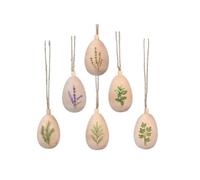 Gisela Graham set of SIX hanging Easter Wood Decorations 5cm - Natural Mini 3D Eggs with herb design