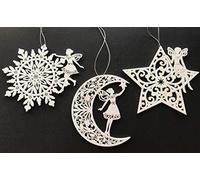 Gisela Graham Set of Three Iridescent Glitter Fretwork Wood Shapes Fairy Hanging Christmas Decorations