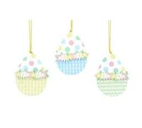Gisela Graham Set of THREE Pastel Gingham/Spots Wood Cut-Out hanging Easter Egg Decorations