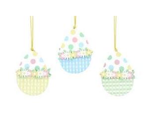 Gisela Graham Set of THREE Pastel Gingham/Spots Wood Cut-Out hanging Easter Egg Decorations
