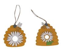 gisela graham Set of two hanging Wood Decorations 10cm - Beehive with Daisy for Easter/spring