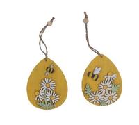 gisela graham Set of two wooden Egg easter hanging decorations with Daisy & Bee