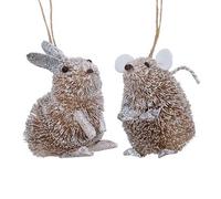 Gisela Graham Silver Bristle Rabbit & Mouse Christmas Decoration, Set of 2