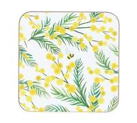 Gisela Graham Square Coasters with Cork Base, Yellow Mimosa Floral Design, 10 x 10 cm, Pack of 4