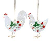 Gisela Graham Strawberry Rooster& Hen Easter Decorations - set of two
