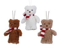 Gisela Graham Teddy Bear Christmas Tree Decorations with Scarves, Brown and White, Set of 3
