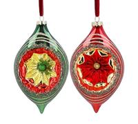 Gisela Graham Vintage Style Glass Baubles, Red and Green Christmas Tree Decorations, Set of 2, 9cm