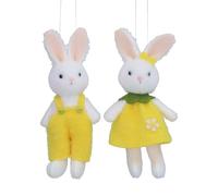 Gisela Graham White Fabric Bunny Easter Decoration, Set of 2, Yellow Outfits, 12cm