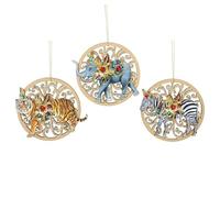 Gisela Graham Wood/Jewel Fretwork Jungle Animal Disc Tree Hanging Decorations (Set of 3 - Tiger, Elephant & Zebra)