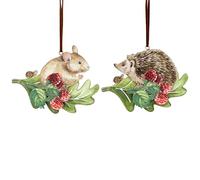 Gisela Graham Wood Mouse and Hedgehog On leaf with Berries 8x10x1cm Centimetre Hanging Decorations Set of 2