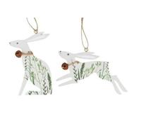 Gisela Graham Wooden Hare Decorations - Set of 2 Hanging Easter Ornaments for Tree & Home, 8 cm White & Green Spring Hedgerow Easter Decor