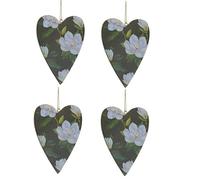 Gisela Graham Wooden Magnolia Heart Christmas Decorations, Set of 4