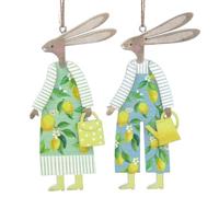 Gisela Graham Wooden Rabbit Hanging Decorations - Set of 2 - Lemon Print Easter Ornaments - Spring & Summer Home Décor - Rustic Farmhouse Style
