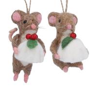Gisela Graham Wool Mice Christmas Tree Decorations, Set of 2, Christmas Pudding Design