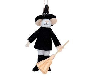 Gisela Graham Wool Mouse Halloween Wizard with Broom Decoration
