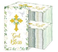 gisgfim 100Pcs Greenery Religious Paper Napkins Baptism Cross Guest Towel First Communion Holy Christening Disposable Hand Napkins for Bathroom God Bless Dinner Kids Boys Girls Baptism Towels