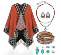 gisgfim 12 PCS Native American Jewelry Poncho Set for Women Open Front Poncho Turquoise Dangle Earrings Boho Leather Necklace Bracelets Western Outfit Indian Gifts for Women Fashion Accessories