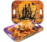 gisgfim 2Pcs Halloween Serving Trays 16.1 X 11.1 Inch Large Melamine Platters with Handles, Orange Purple Castle Pumpkin Bat Food Trays Halloween Movie Night Snack Trays Birthday Party Serving Dishes