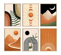 Gisipameis Boho Wall Art Set of 6, Mid Century Modern Decor 8" x 10" Unframed, Sun Moon Palm Leaf Black Beige Neutral Abstract Geometric Boho Wall Decor Canvas Prints for Bedroom Living Room Bathroom