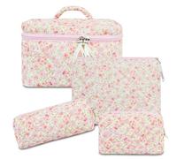 GISMTR 4Pcs Quilted Makeup Bag Set Cute Floral Cosmetic Bag Cotton Coquette Make up Bag Aesthetic Travel Toiletry Bag for Women Girls, Pink florals