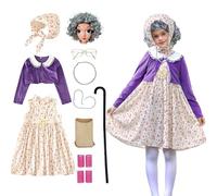 Gissroys 100 Day of School Day Cosplay Costume Set Kids Old Lady Costume Accessories Faux Pearls Necklace Glasses Crutch Flower Dress Before You Be